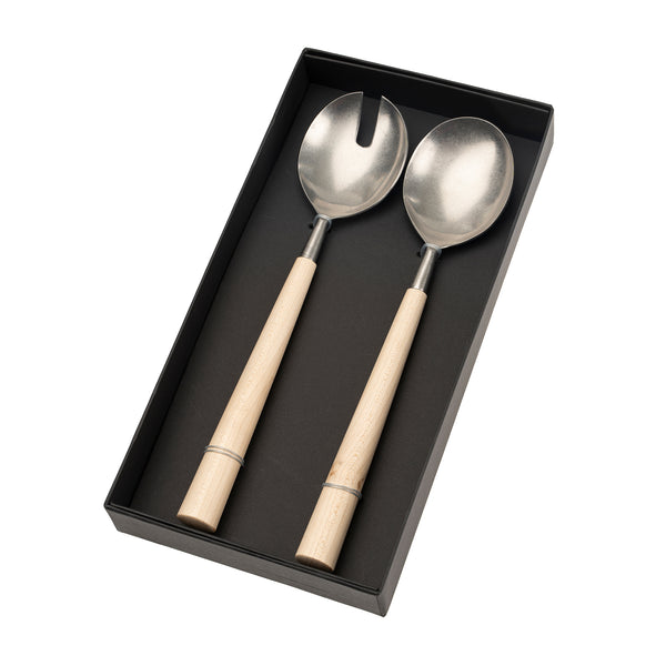 Maple Wood Salad Servers - Silver