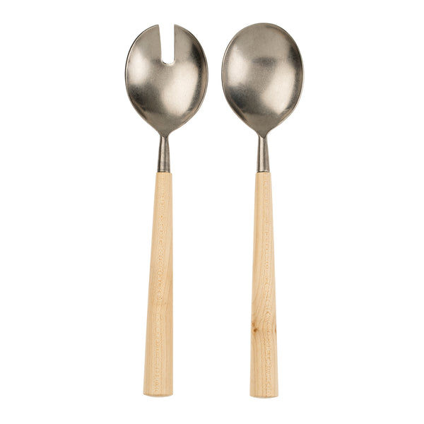 Maple Wood Salad Servers - Silver