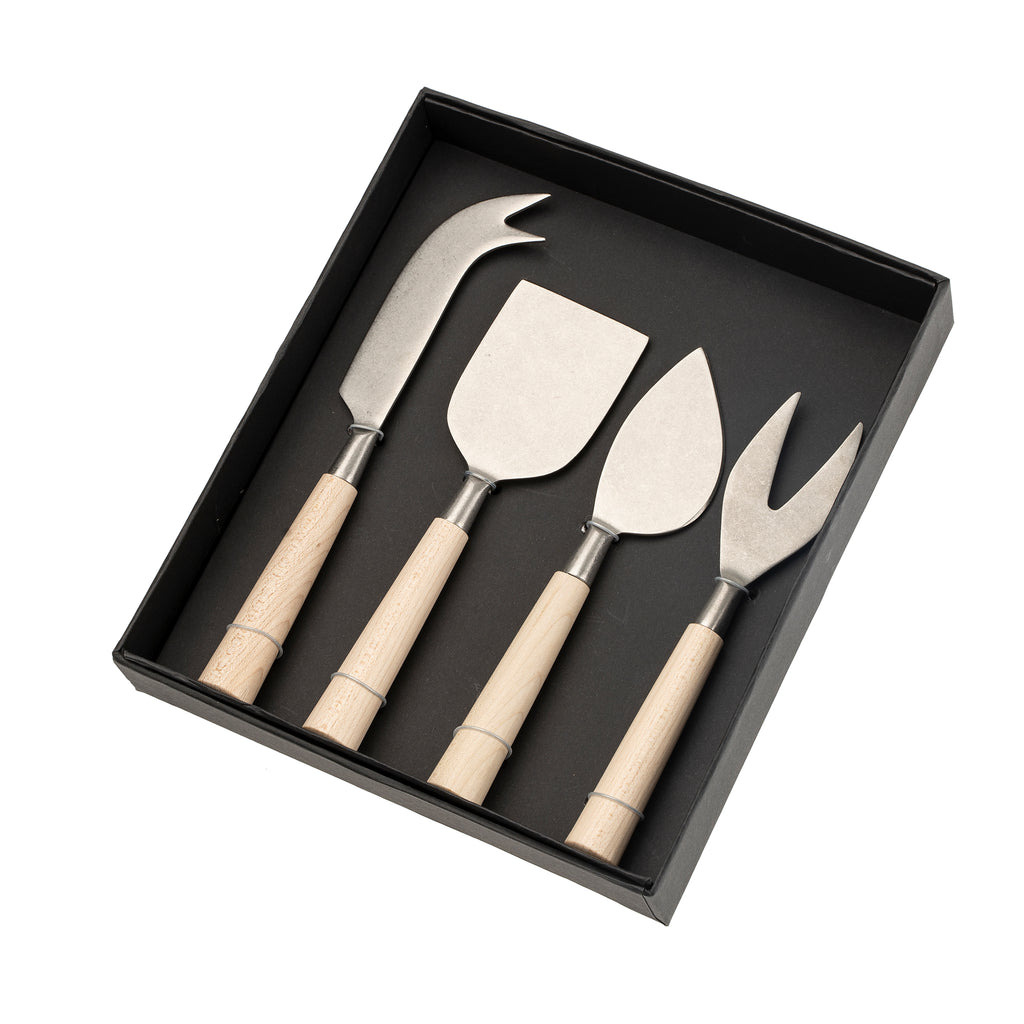 Boxed Set of Maple Wood Cheese Knives - Silver