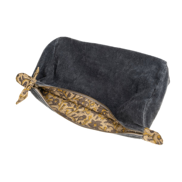 Velvet Pouch With Block Print Lining - Graphite