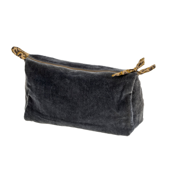 Velvet Pouch With Block Print Lining - Graphite