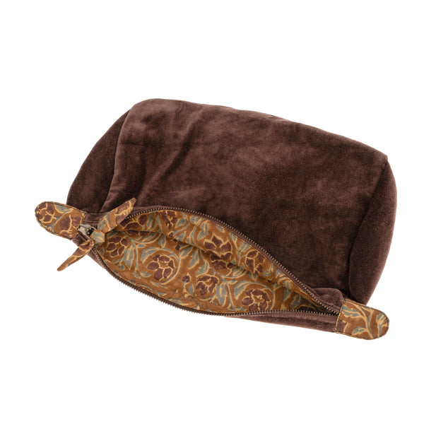 Velvet Pouch With Block Print Lining - Black Plum