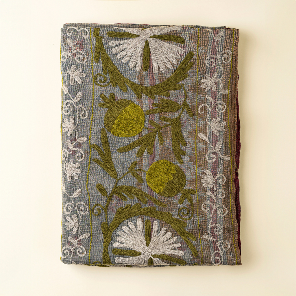 Vintage Embroidered Kantha Throw - Blue