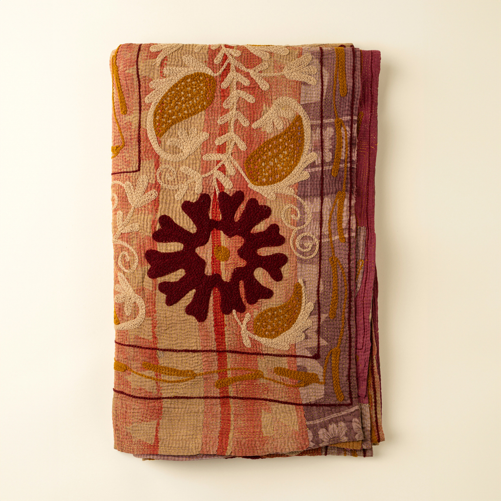 Vintage Embroidered Kantha Throw - Pink