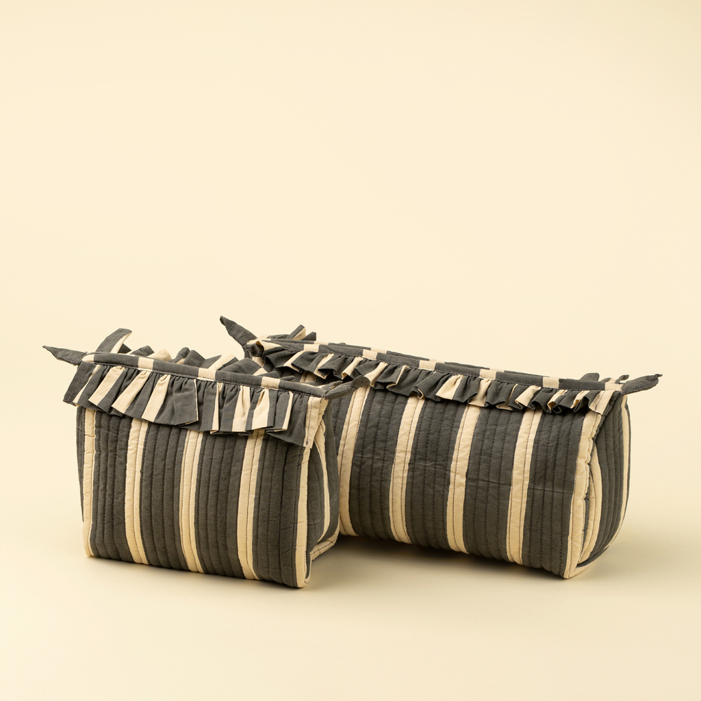 Block Print Stripe Pouch - Charcoal (Two Sizes Available)
