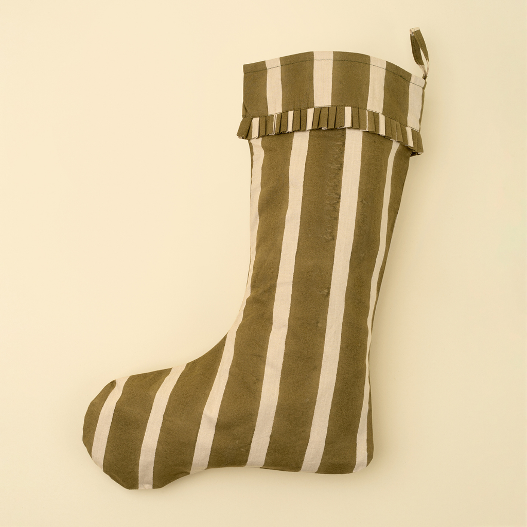 Striped Block Print Stocking - Olive