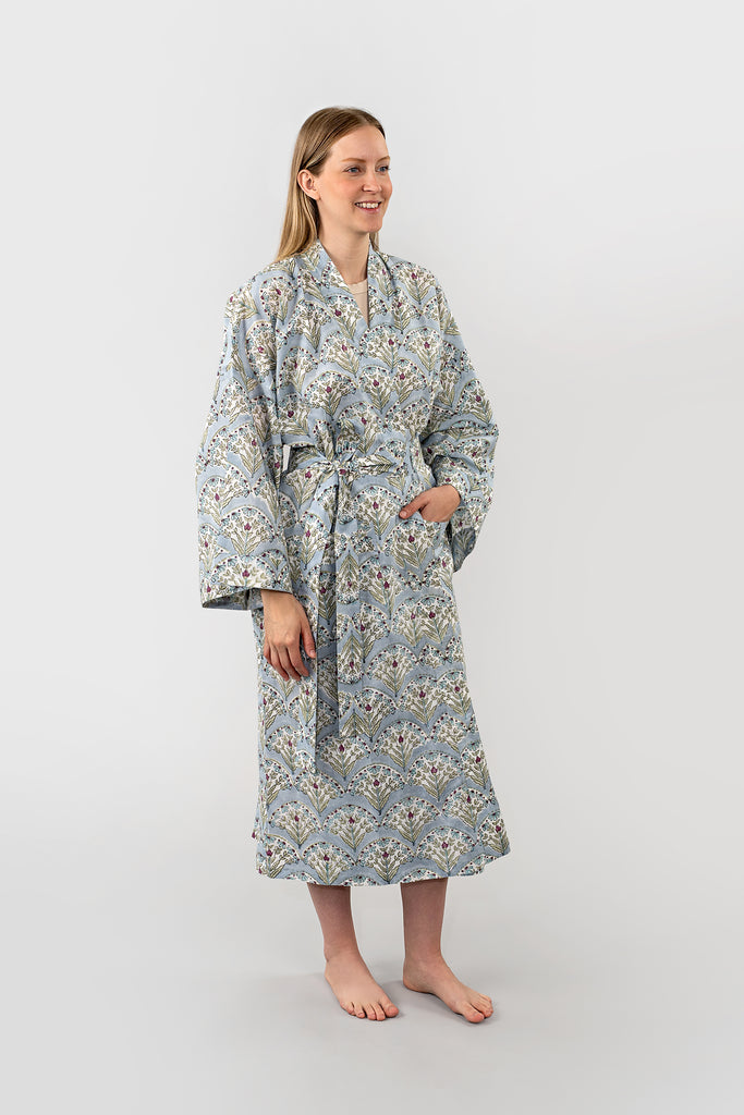 Sakura Block Print Kimono - Blue