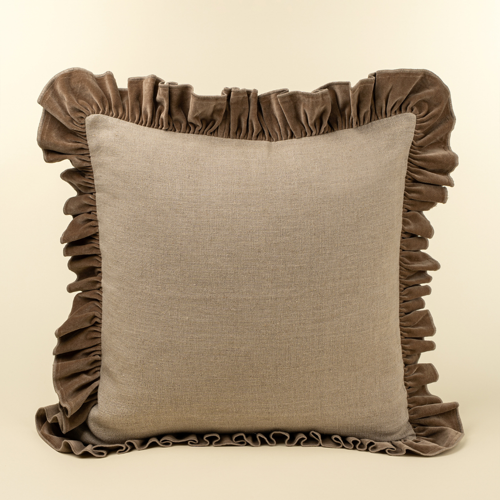 Velvet Ruffle Linen Pillow - Chocolate (24" x 24")