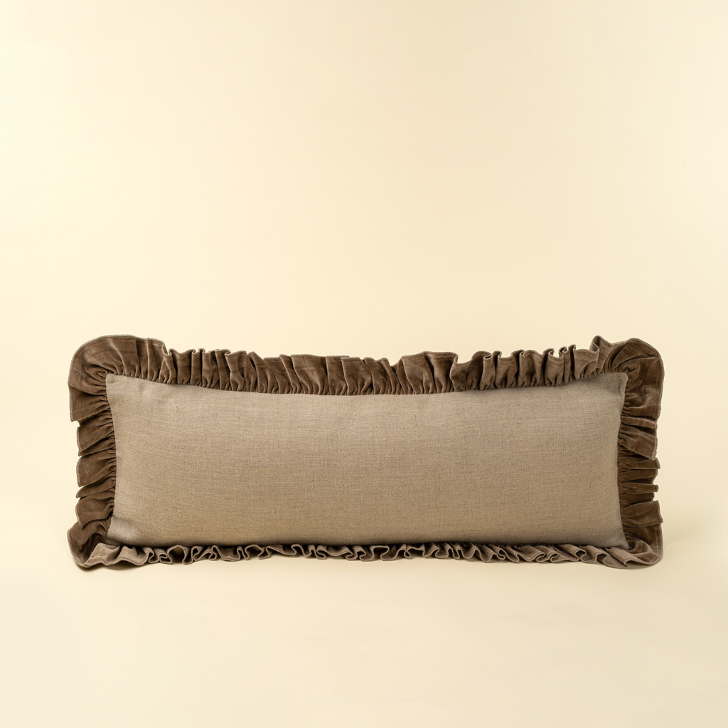 Velvet Ruffle Linen Bolster Pillow - Chocolate (15" x 42")