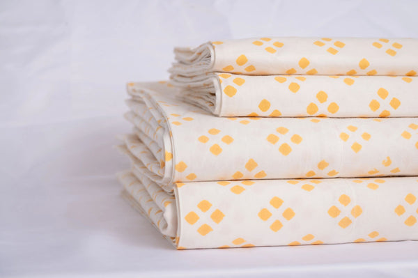 Block Print Cotton Percale Sheet Set - Yellow / Squares  (Two Sizes Available)
