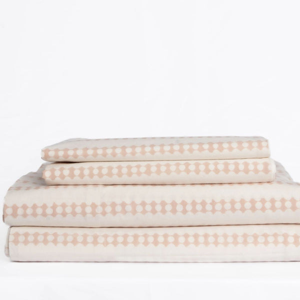Block Print Cotton Percale Sheet Set - Beige / Chain  (Two Sizes Available)