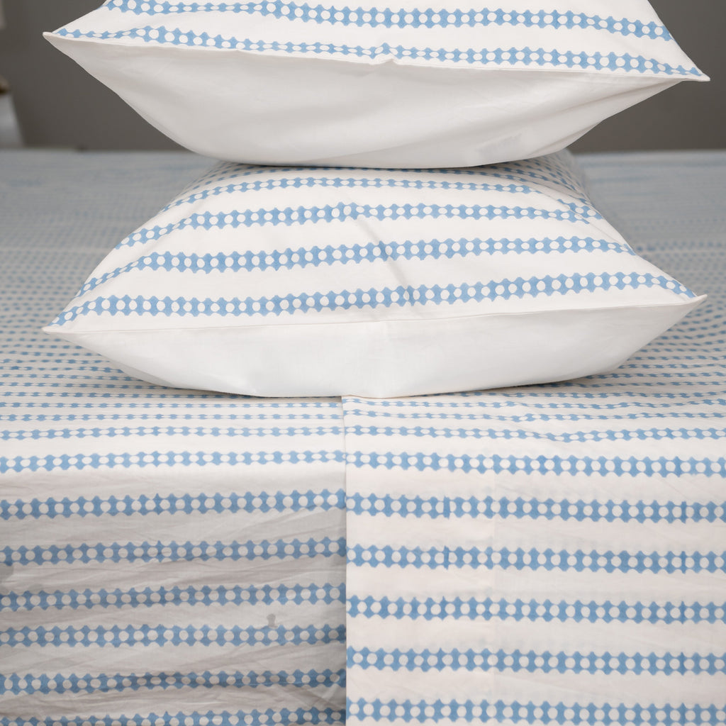 Block Print Cotton Percale Sheet Set - Blue / Chain  (Two Sizes Available)