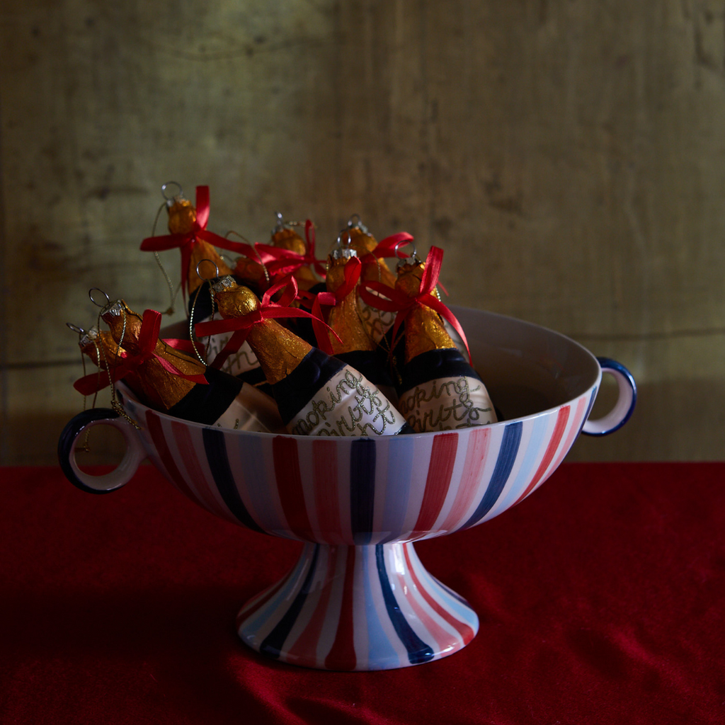 Hand-Painted Footed Bowl with Festive Stripes