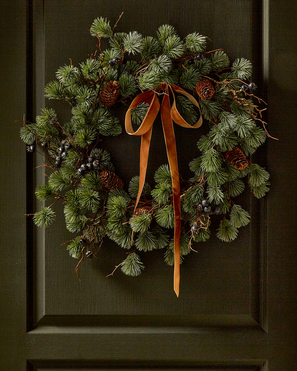 W&P Custom Wreath - 18" Weeping Pine with Blueberries, Pinecones & Velvet Ribbon