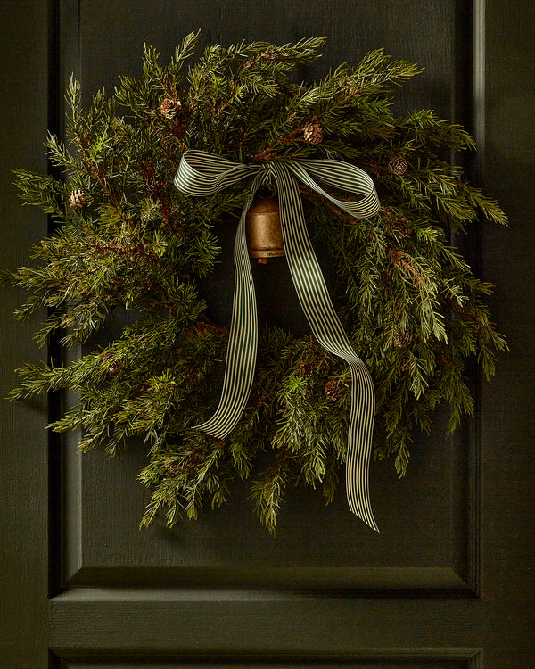 W&P Custom Wreath - 24" Cedar with Pinecones & Bell