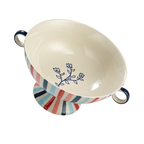 Hand-Painted Footed Bowl with Festive Stripes