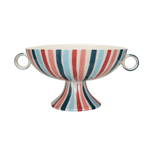 Hand-Painted Footed Bowl with Festive Stripes